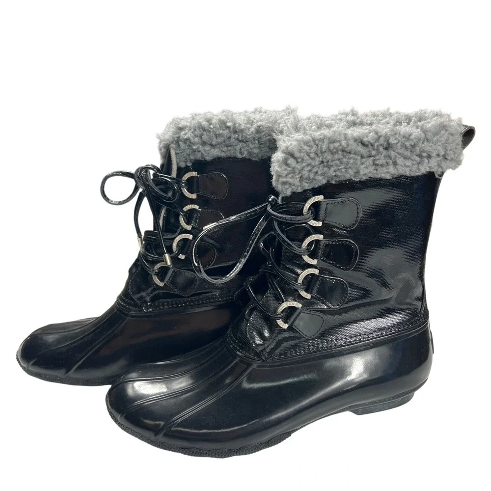 Sperry Top-Sider Saltwater Black Patent Duck Boots Womens 8.5 Snow Rain EUC